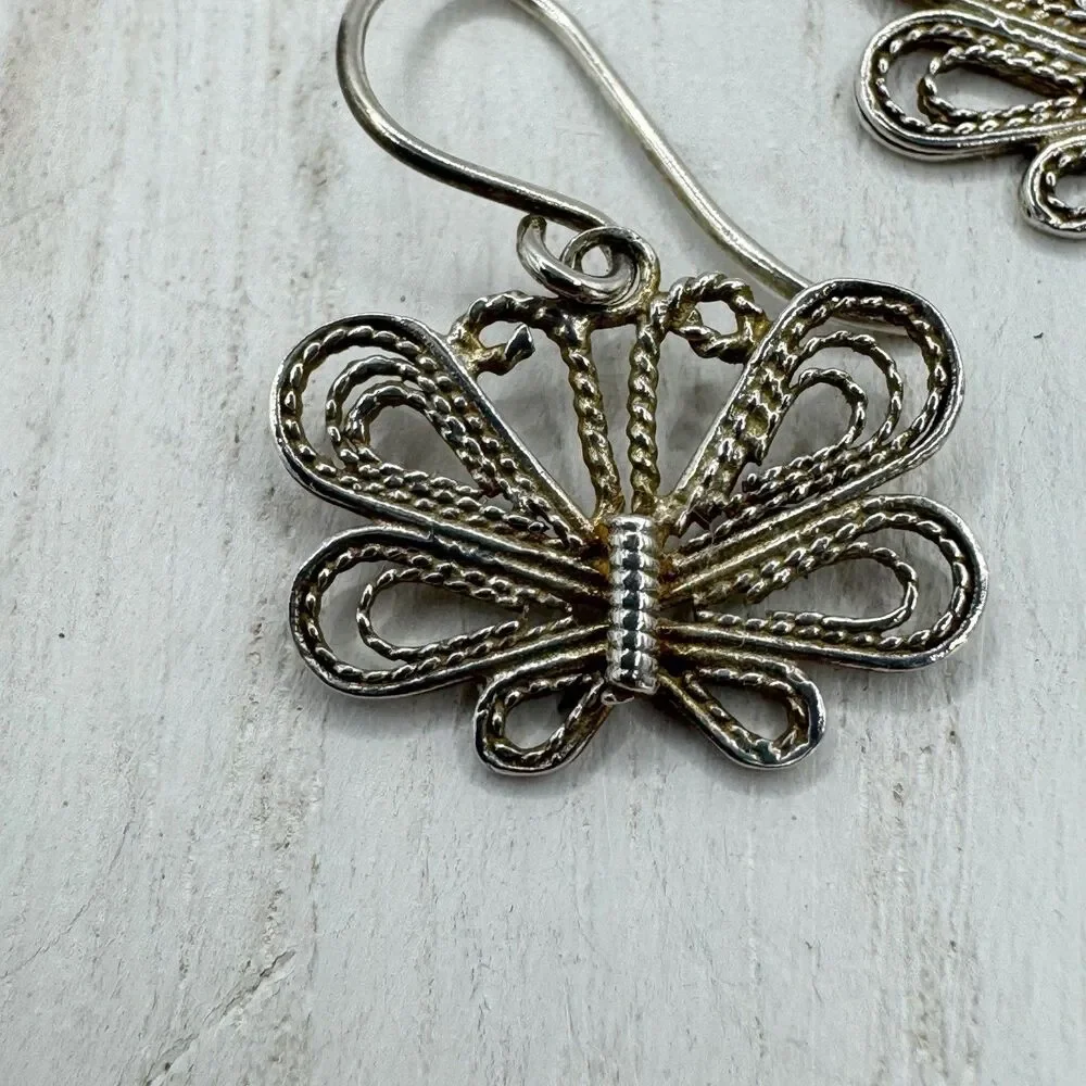Sterling Silver Filigree Butterfly Drop Dangle Earrings whimsical Fairycore